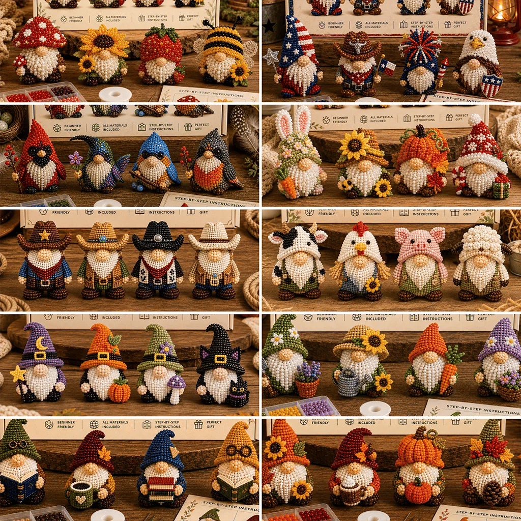 3D Beaded Gnome DIY Bead Kit – 8 Adorable Handmade Gnome Designs Craft Set