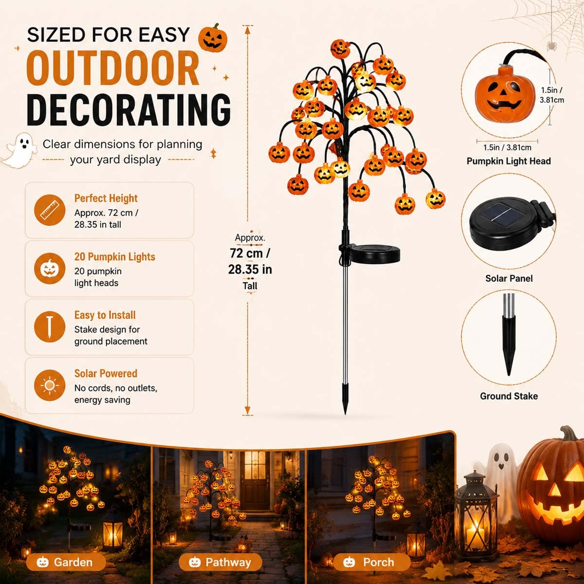 🎃Pumpkin Solar Branch Lights, 20 LED Twinkling Halloween Waterproof Outdoor Stake Decor for Yard Garden Patio