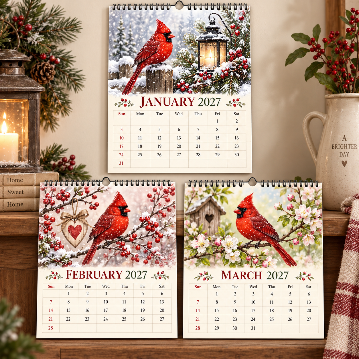 Cardinal 2027 Wall Calendar – 12‑Month Seasonal Art Calendar with Red Cardinals, Countryside Florals & Rustic Farmhouse Charm