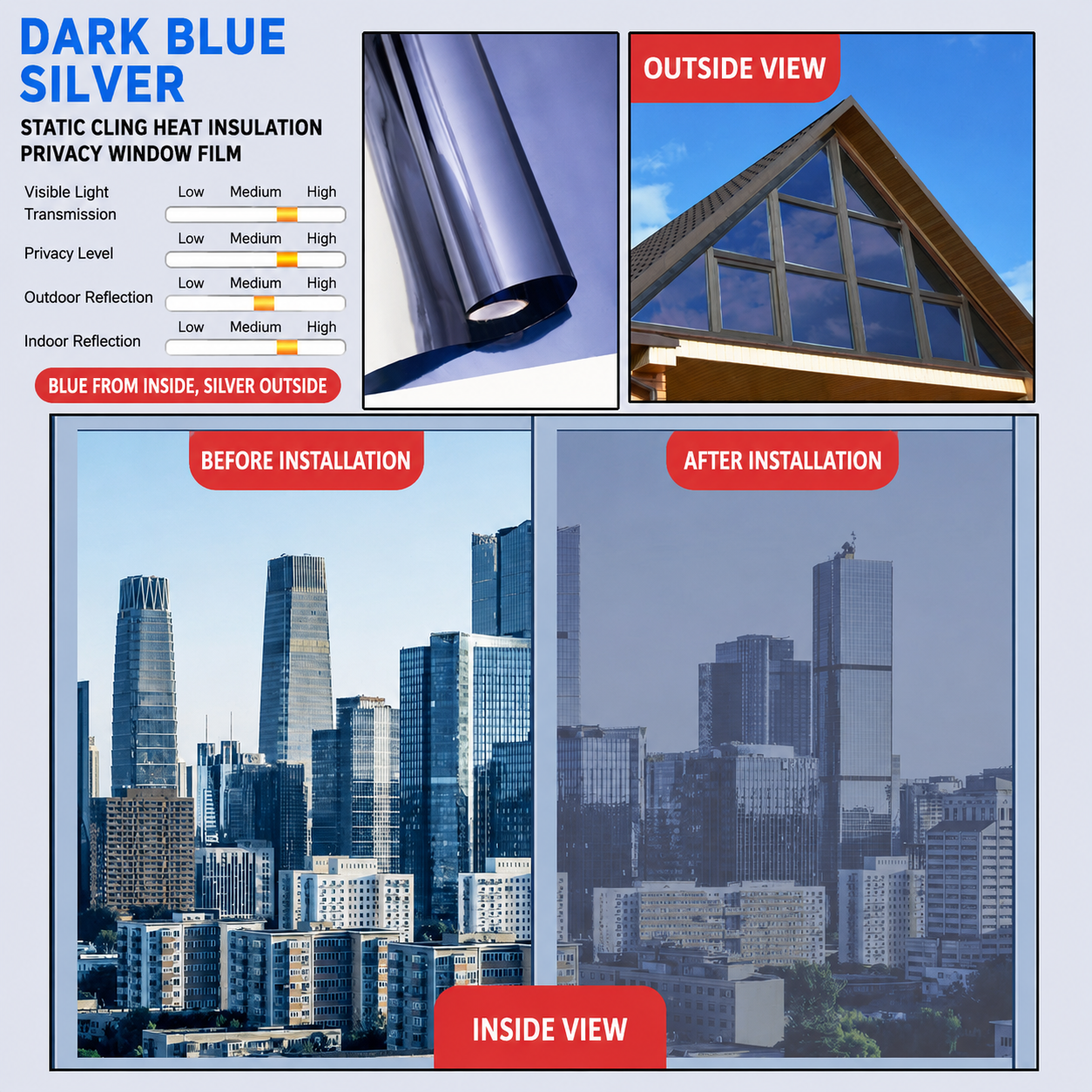 ☀️ One-Way Mirror Window Film – Heat Control & UV Protection