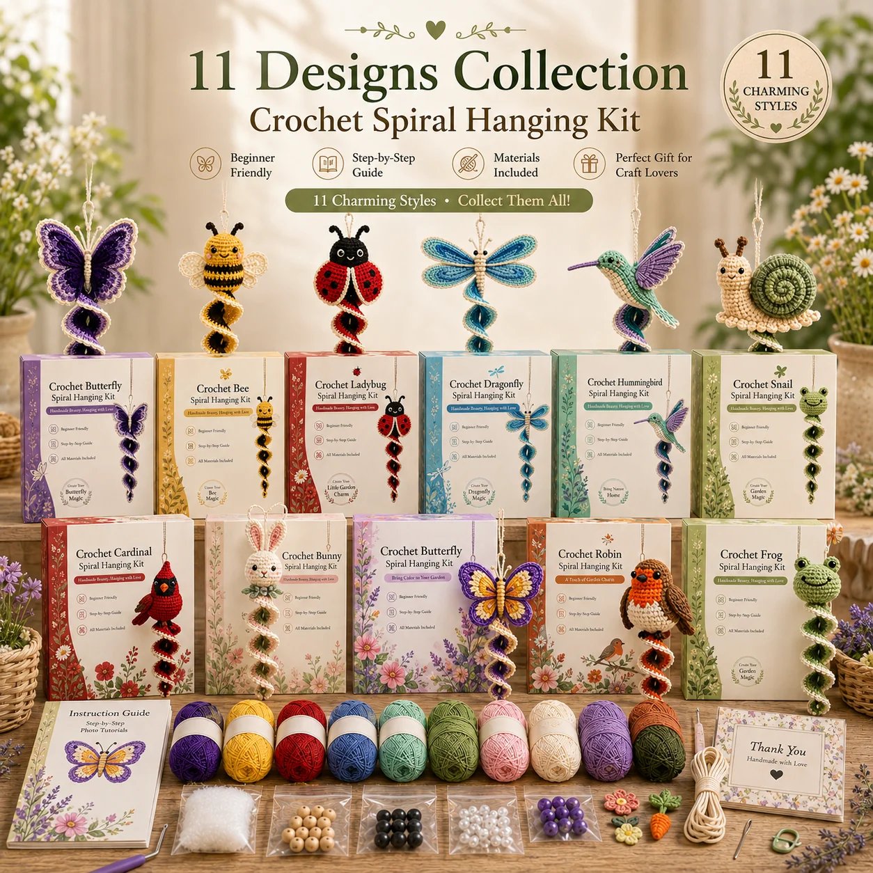 🦋🧶Crochet Spiral Hanging Kit – Beginner-Friendly DIY Garden Animal Decor 🍃