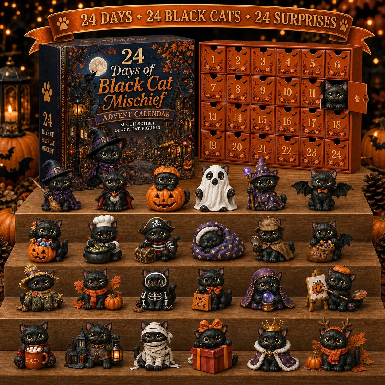 🐈⬛ 24 Days Of Black Cat Mischief Advent Calendar | 24 Unique Halloween Cat Collectibles with Witch, Vampire, Ghost, Pumpkin & More 🎃