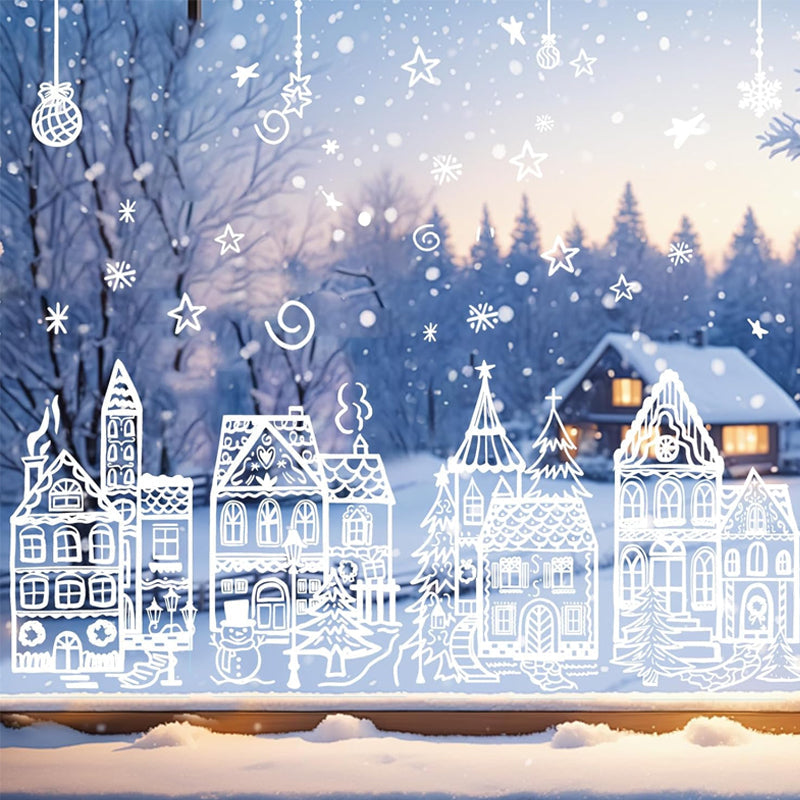 🎄 78-Piece Christmas Village Window Clings – Reusable Static Decals for Winter Wonderland Holiday Window Decor