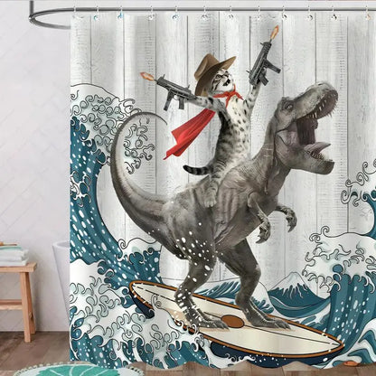 Cute Dinosaur & Cat Pattern Waterproof Shower Curtain with 12 Hooks – Decorative Bathroom Curtain