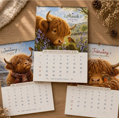 🐮🐦2027 Highland Cow & Robin A4 Wall Calendar – A Year of Gentle Countryside Moments