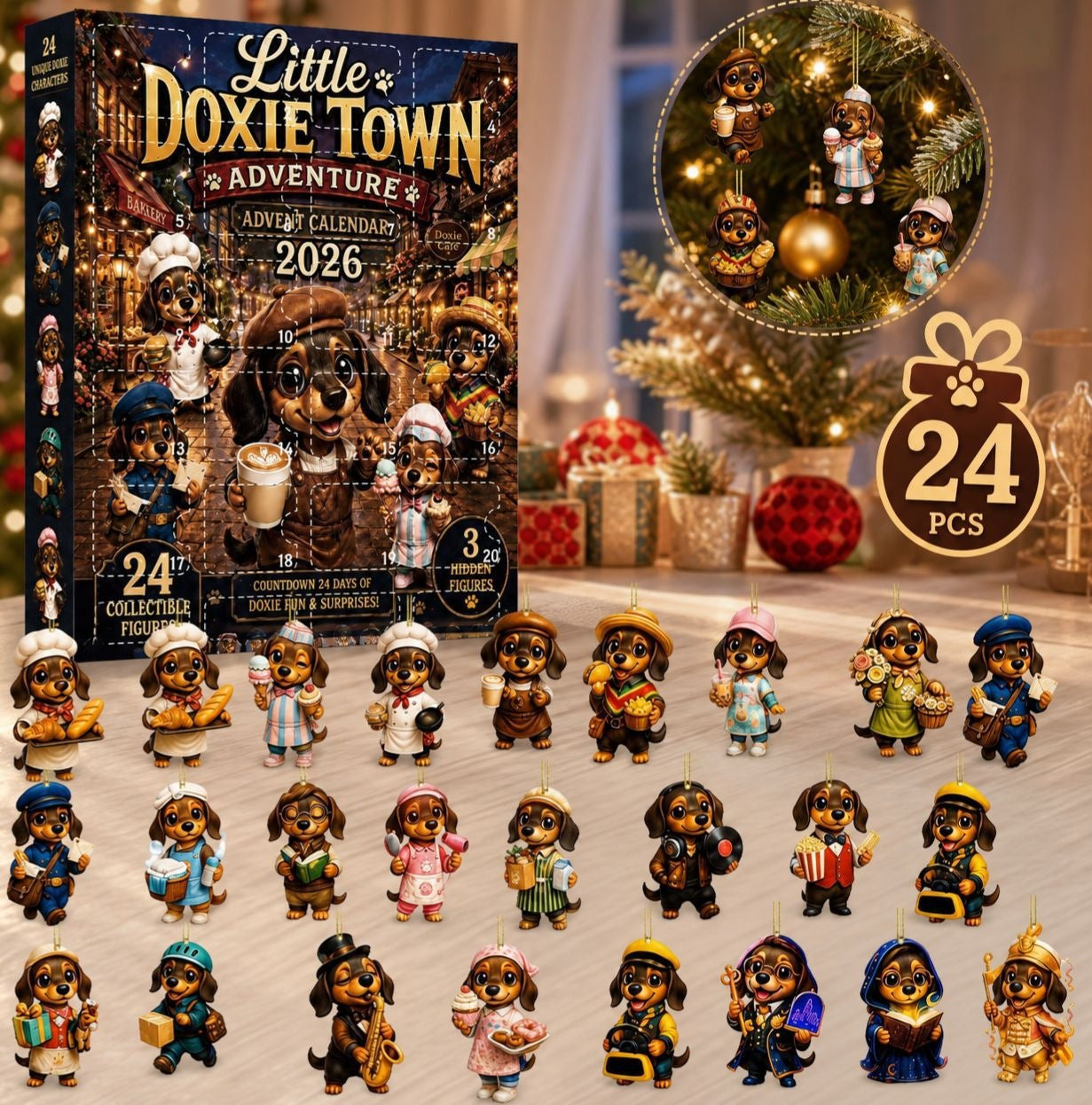 CHRISTMAS KICKOFF: 48% OFF – 2026 Little Doxie Town Advent Calendar – Meet 24 Charming Sausage Dog Townsfolk, Christmas Collectible Blind Box
