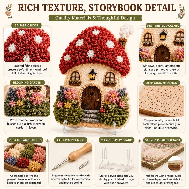 🔥Last Day 48% OFF - ✨🧘Relaxing & Beginner-Friendly-✨Whimsical Village 3D Fabric Poke Art Kit