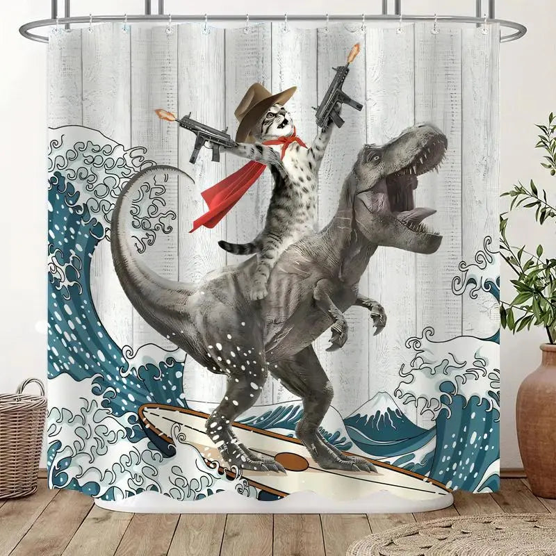 Cute Dinosaur & Cat Pattern Waterproof Shower Curtain with 12 Hooks – Decorative Bathroom Curtain