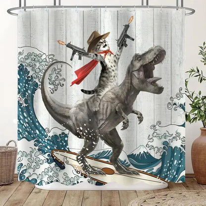 Cute Dinosaur & Cat Pattern Waterproof Shower Curtain with 12 Hooks – Decorative Bathroom Curtain