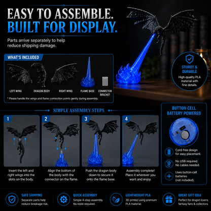 🐉3D Fire-Breathing Dragon LED Display – Fantasy Bookshelf Decor with Glowing Flame