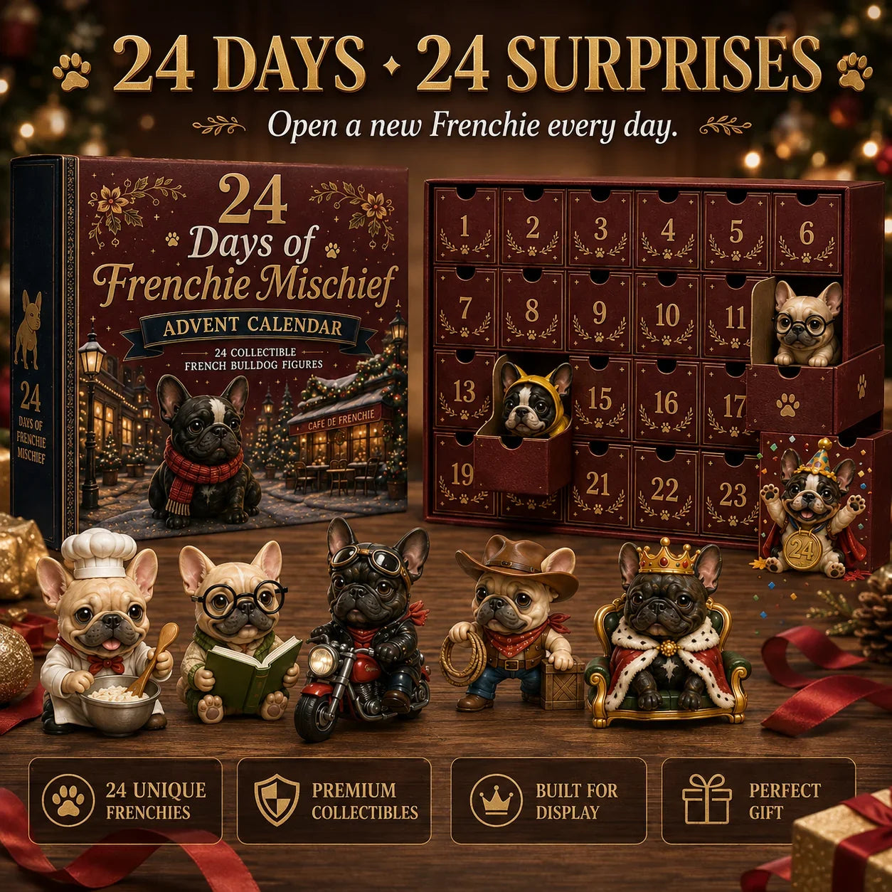 French Bulldog Advent Calendar side view with 5 Frenchie figurines display
