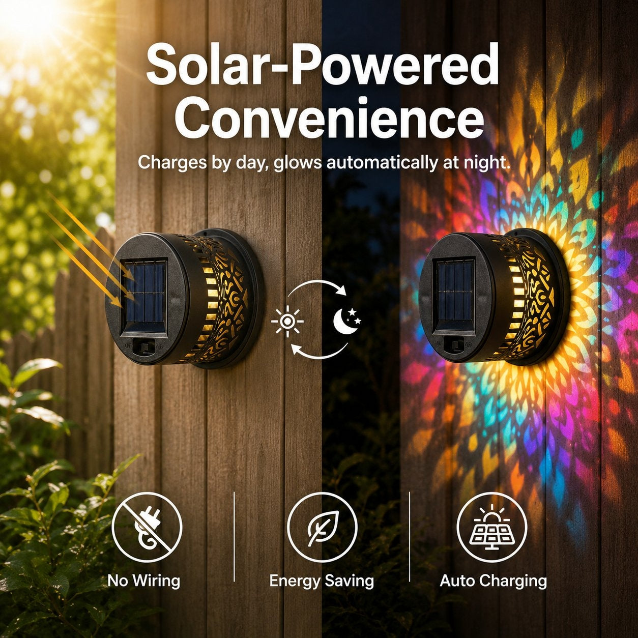 Solar Mandala Projector Wall Lights – Colorful Outdoor Garden Fence Lights 🌈✨