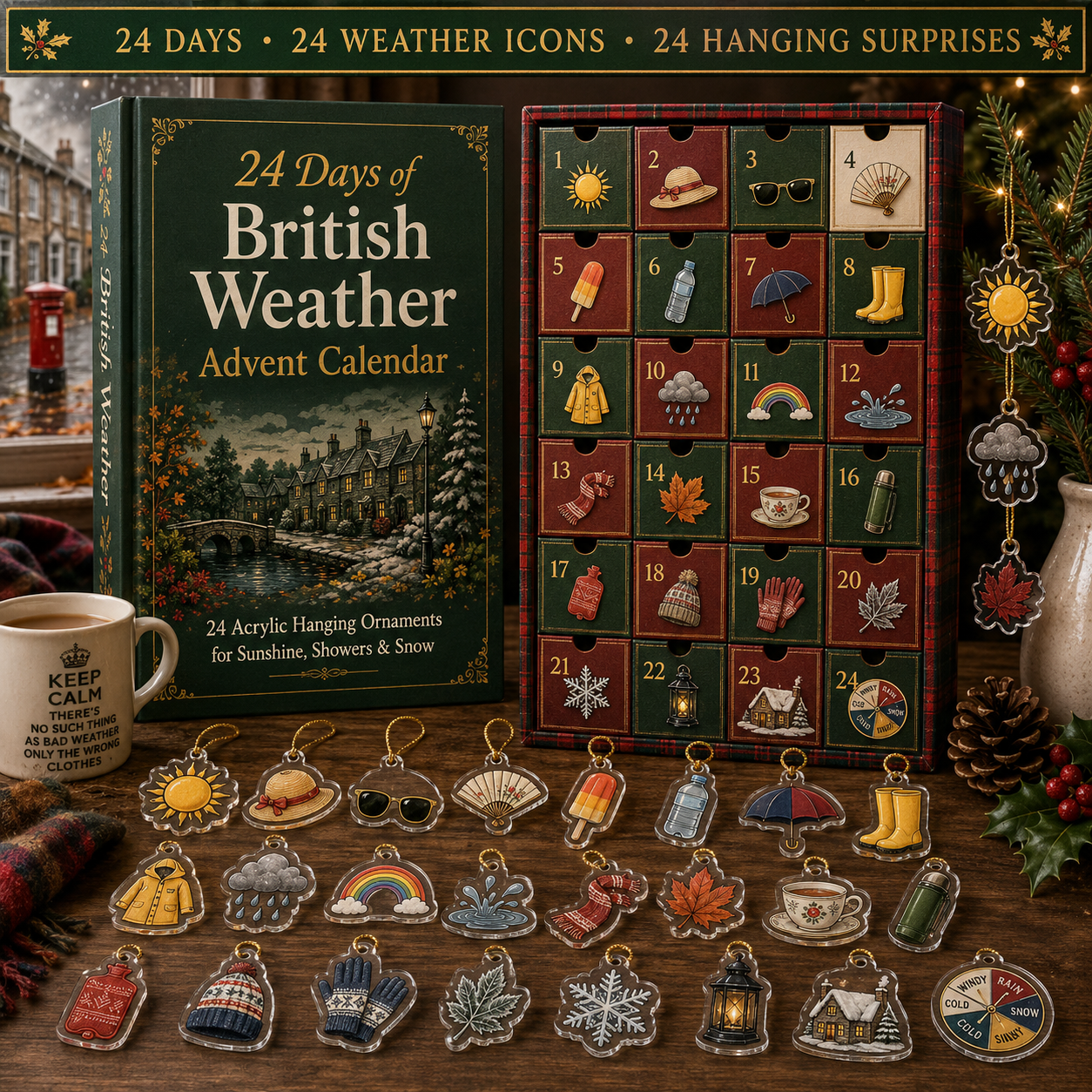 24 Days of British Weather Christmas Advent Calendar – 24 Acrylic Hanging Ornaments for Sunshine, Showers & Snow