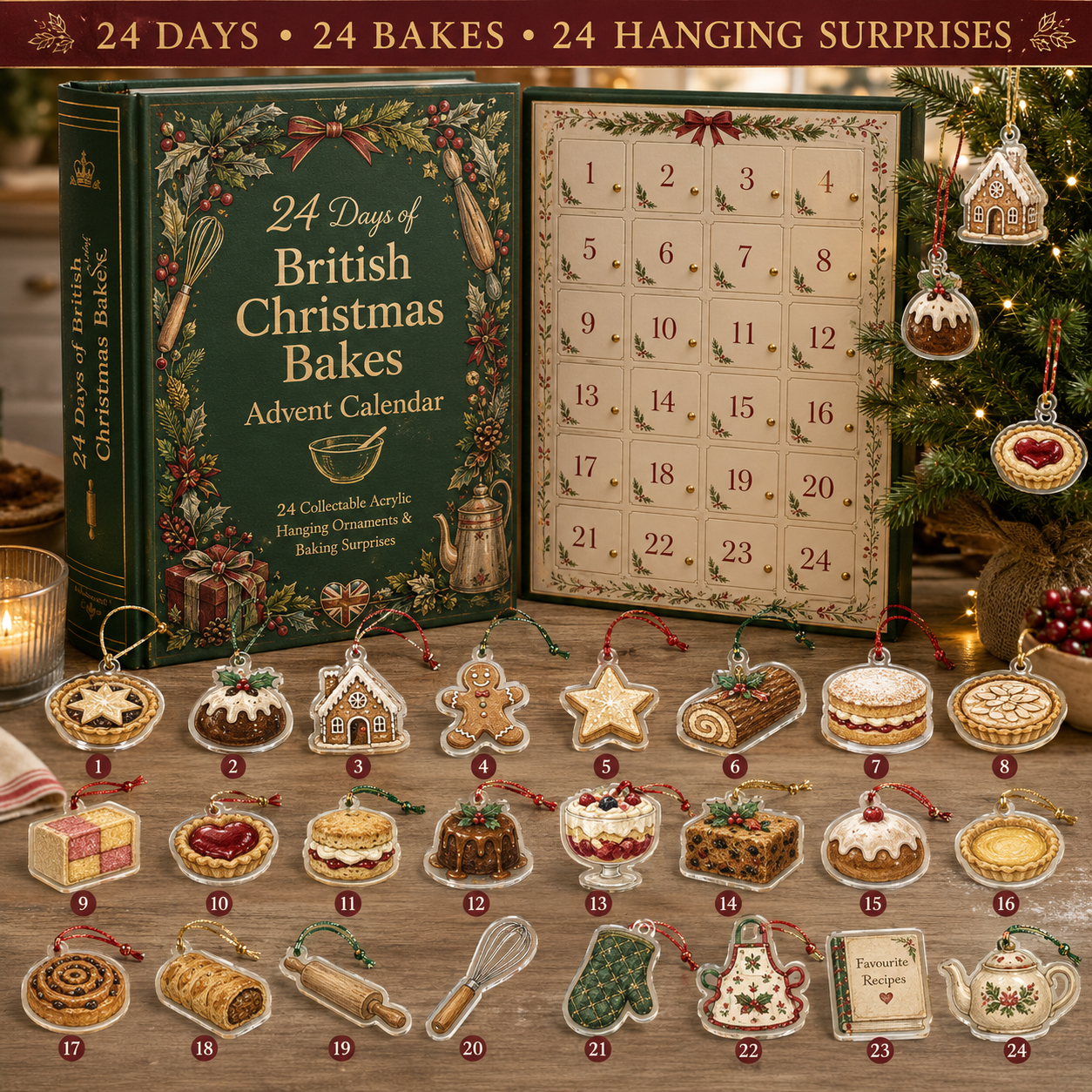 24 Days of British Christmas Bakes Advent Calendar – 24 Collectible Acrylic Hanging Ornaments & Festive Baking Surprises