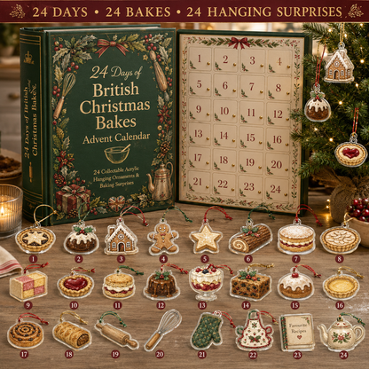 24 Days of British Christmas Bakes Advent Calendar – 24 Collectible Acrylic Hanging Ornaments & Festive Baking Surprises