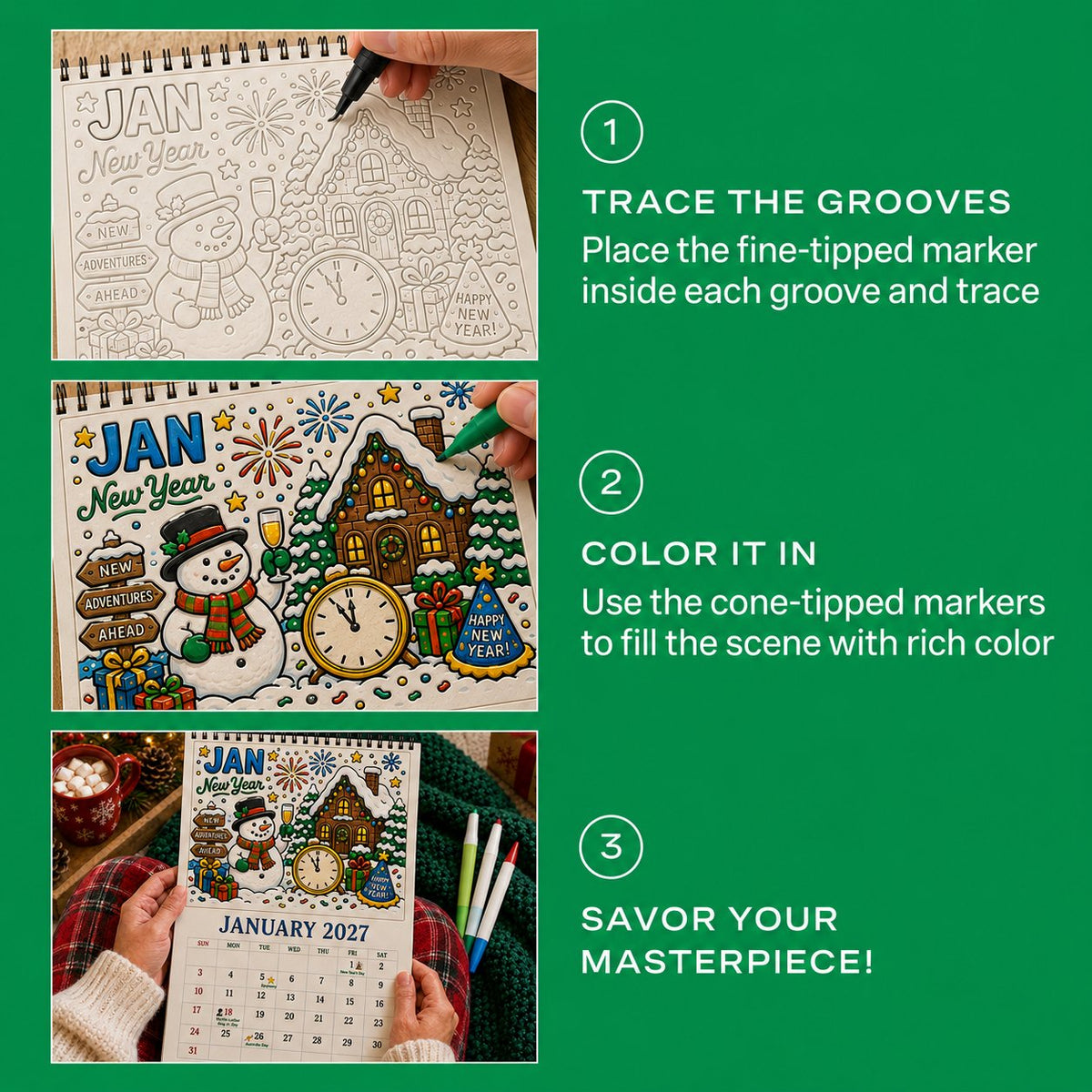 🎨Color The Year 2027: Trace-By-Groove Creative Calendar📅| Seasonal Guided Coloring Wall Calendar With Markers