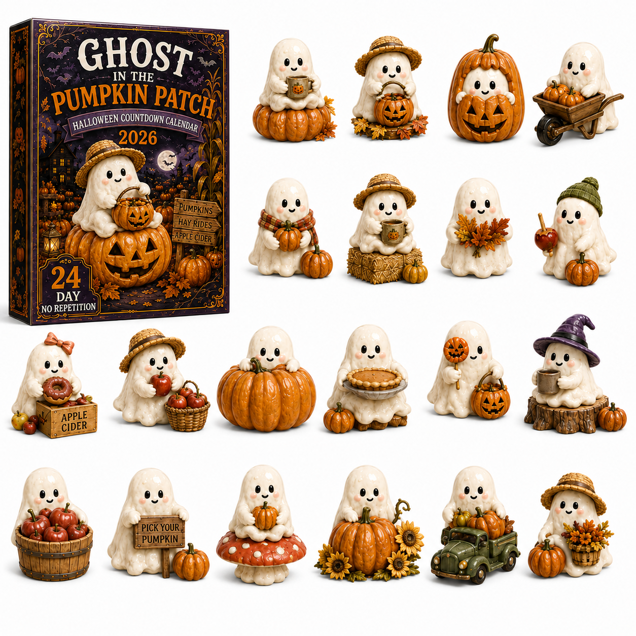 Ghost in the Pumpkin Patch Advent Calendar 2027 – 24 Unique Halloween Ghost Miniatures,