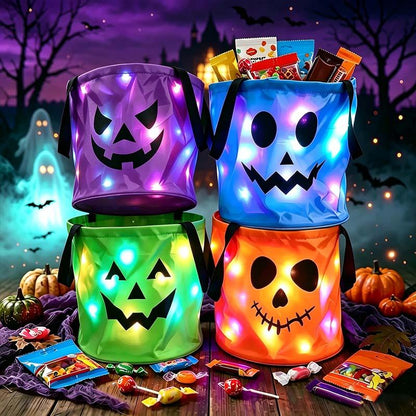 LED Light Up Halloween Pumpkin Candy Bucket 3/4 Pack, Non-Woven Reusable Trick or Treat Tote Bags for Kids & Adults, Halloween Party Supplies