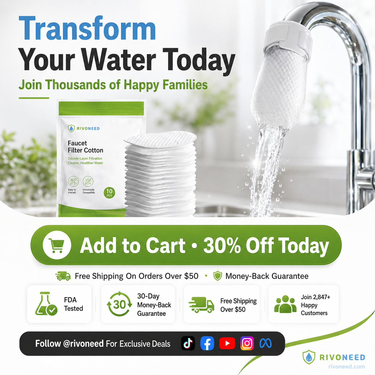 ⏰56%OFF⚡50K+ SOLD!💥Anti-Splash Kitchen Faucet Cotton Filter for Sediment & Rust Removal