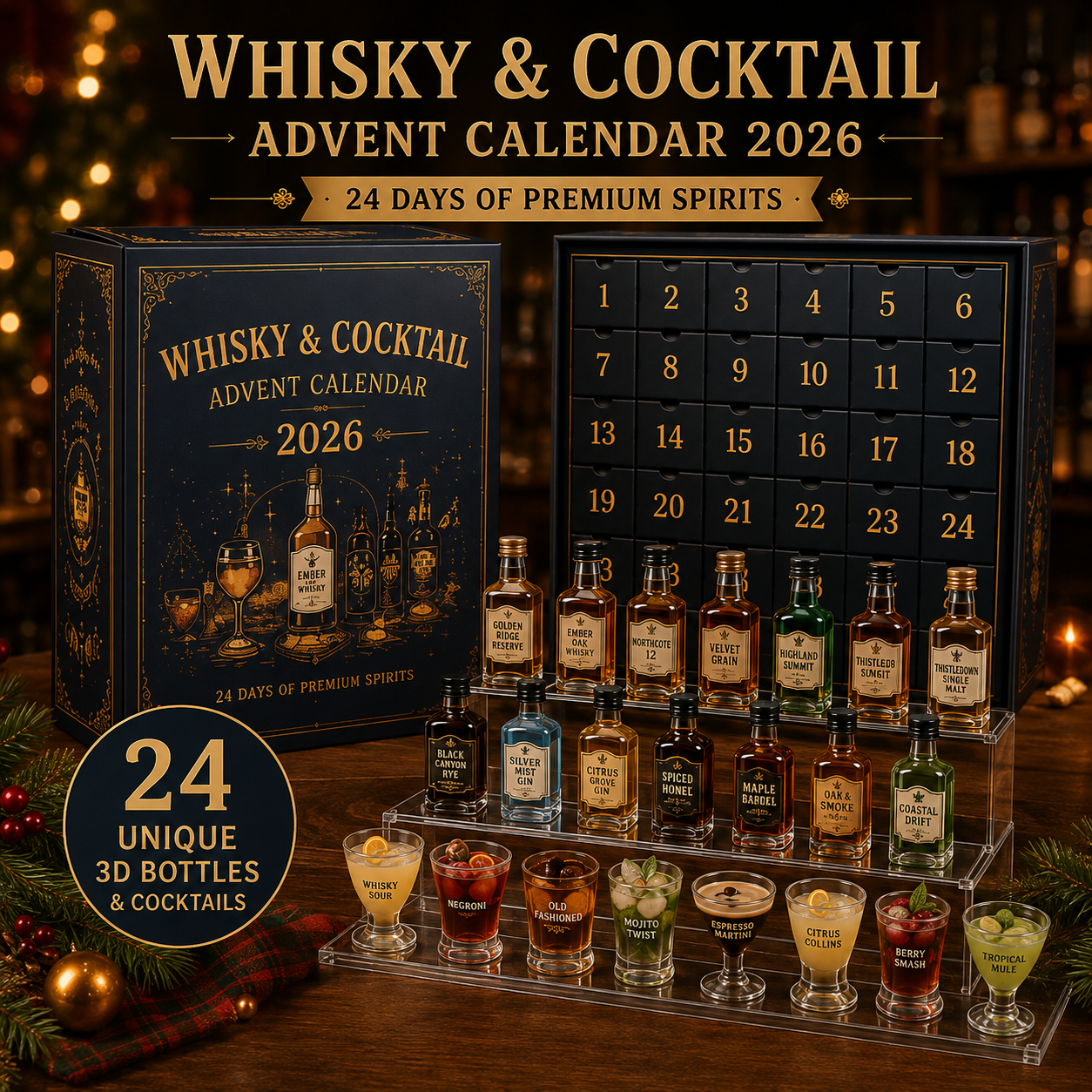 🎄 Last Day 49% OFF – 🥃 Whisky & Cocktail Advent Calendar 2026 | 24 Days of Premium Spirits & Cocktail Inspired Acrylic Collectibles 🎁