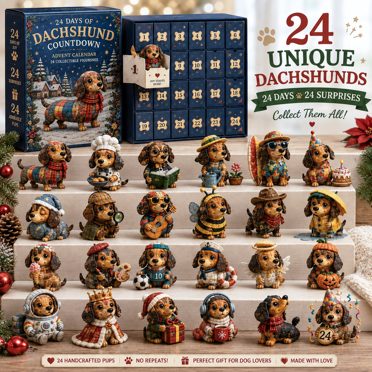 24 Days of Dachshund Advent Calendar 2026 with 24 sausage dog figurines