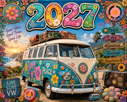 🌼 2027 Hippie Boho Wall Calendar – Retro Road Trip Calendar