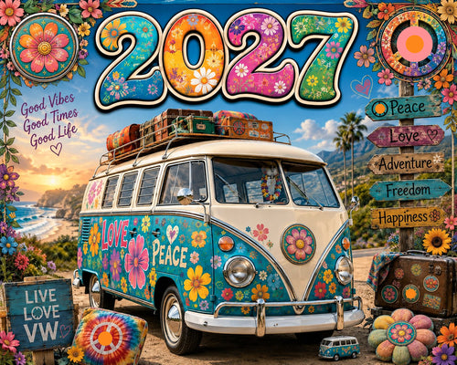 🌼 2027 Hippie Boho Wall Calendar – Retro Road Trip Calendar