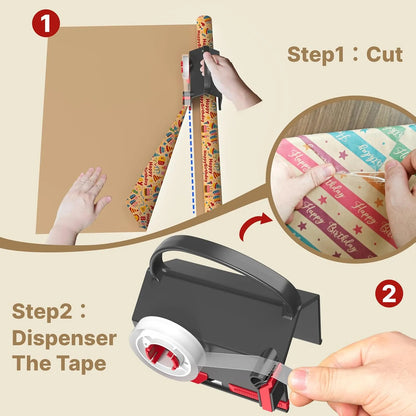 Dual Use Gift Wrap Cutter Tape Dispenser Kit, Portable Sliding Wrapping Paper Slicer, Replacement Blades Included, Household Office Gift Packaging Cutting Tool
