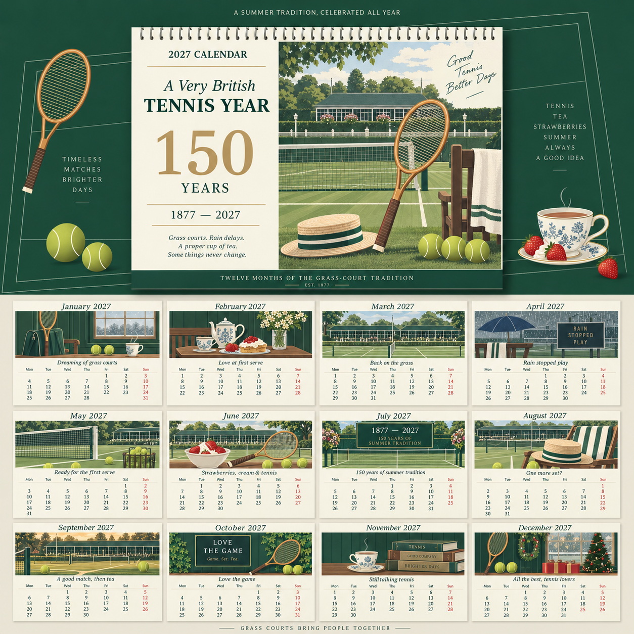 2027 A Very British Tennis Year A4 Hanging Calendar