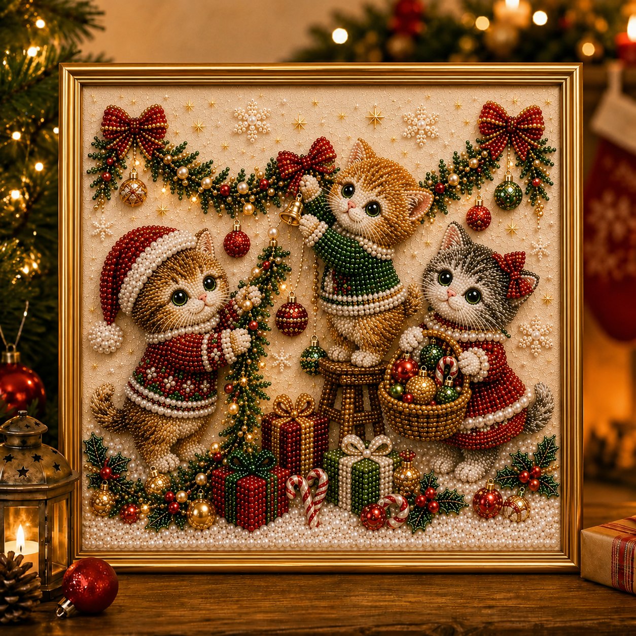 🎄🐾 LAST DAY 49% OFF – Premium 3D Pearl Christmas Kitty Art Kit | Luxury Flocked Canvas with Scratch-Resistant Non-Fading Pearl Beads DIY Holiday Decor 🎅🐱❄️