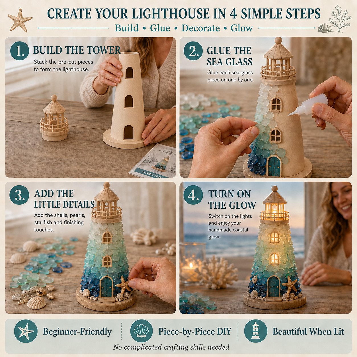 💥 LAST DAY 49% OFF - 💙 DIY Sea Glass Lighthouse Kit – Light-Up Coastal Craft & Handmade Home Decor