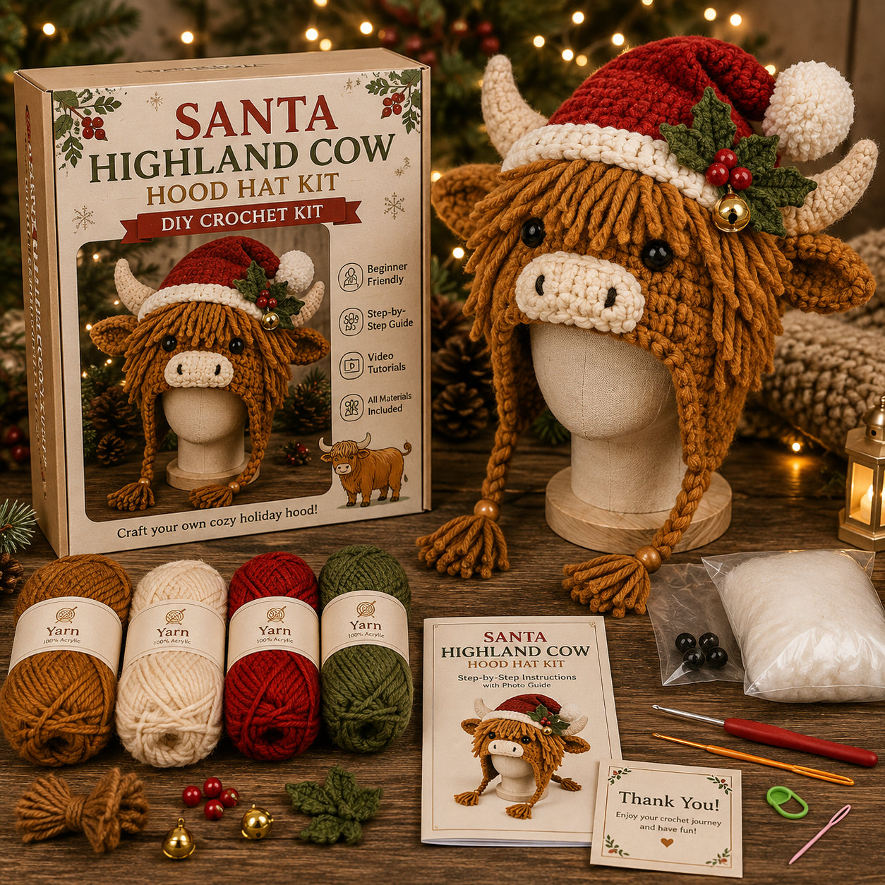 🔥Last Day🔥BUY 3 GET 1 FREE - Christmas Highland Cow Hood Hat DIY Crochet Kit™