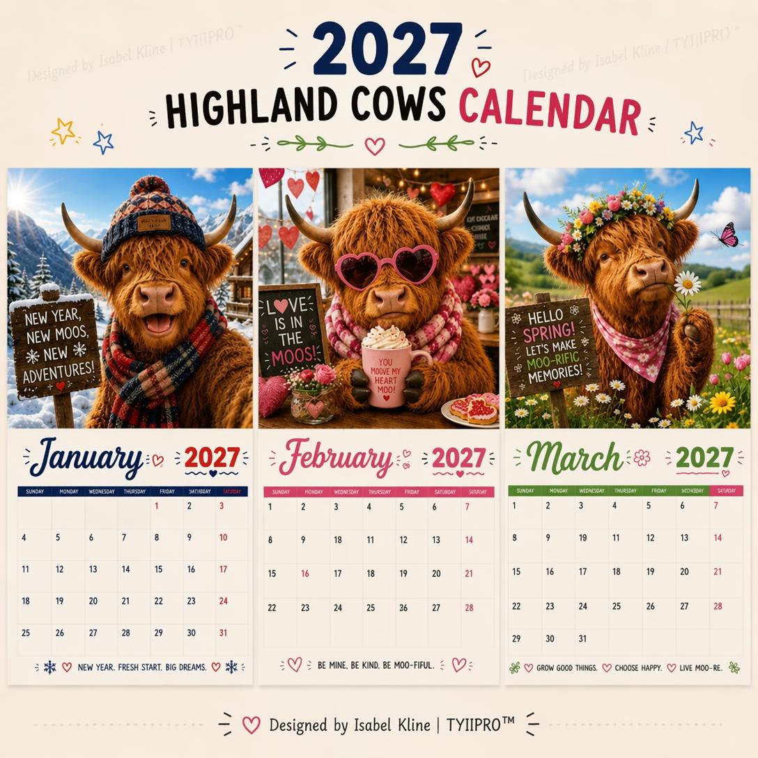 2027 Funny Highland Cow Wall Calendar | A4 Hanging Calendar