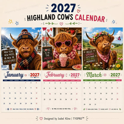 2027 Funny Highland Cow Wall Calendar | A4 Hanging Calendar