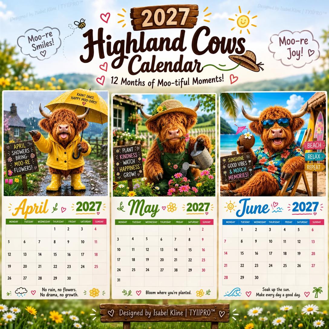 2027 Funny Highland Cow Wall Calendar | A4 Hanging Calendar