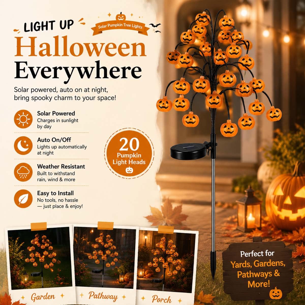🎃Pumpkin Solar Branch Lights, 20 LED Twinkling Halloween Waterproof Outdoor Stake Decor for Yard Garden Patio