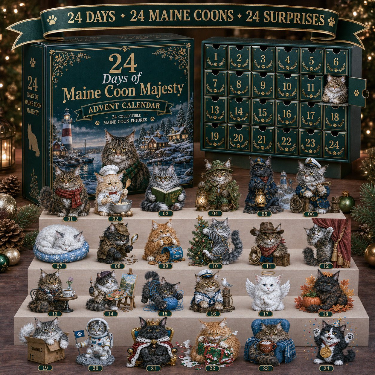 24 Days of Maine Coon Advent Calendar 2026 with 24 maine coon cat figurines