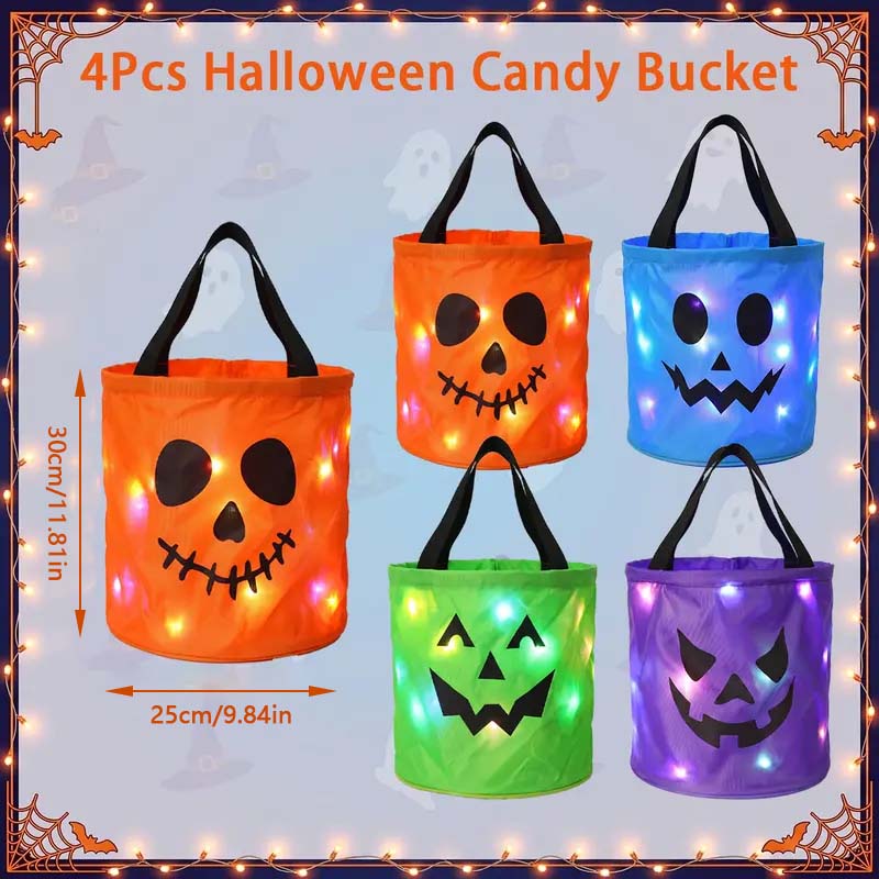 LED Light Up Halloween Pumpkin Candy Bucket 3/4 Pack, Non-Woven Reusable Trick or Treat Tote Bags for Kids & Adults, Halloween Party Supplies