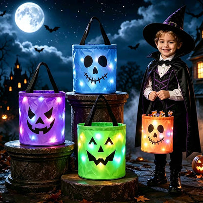 LED Light Up Halloween Pumpkin Candy Bucket 3/4 Pack, Non-Woven Reusable Trick or Treat Tote Bags for Kids & Adults, Halloween Party Supplies