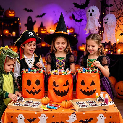 LED Light Up Halloween Pumpkin Candy Bucket 3/4 Pack, Non-Woven Reusable Trick or Treat Tote Bags for Kids & Adults, Halloween Party Supplies