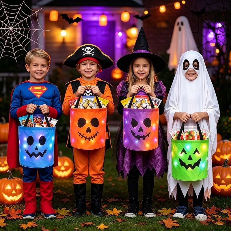 LED Light Up Halloween Pumpkin Candy Bucket 3/4 Pack, Non-Woven Reusable Trick or Treat Tote Bags for Kids & Adults, Halloween Party Supplies