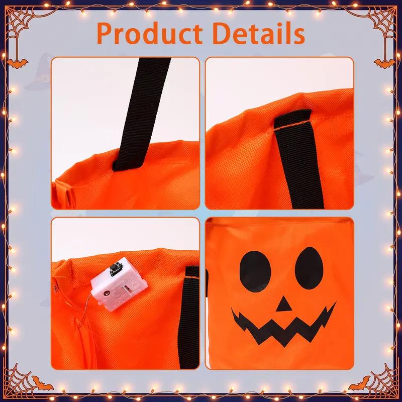 LED Light Up Halloween Pumpkin Candy Bucket 3/4 Pack, Non-Woven Reusable Trick or Treat Tote Bags for Kids & Adults, Halloween Party Supplies