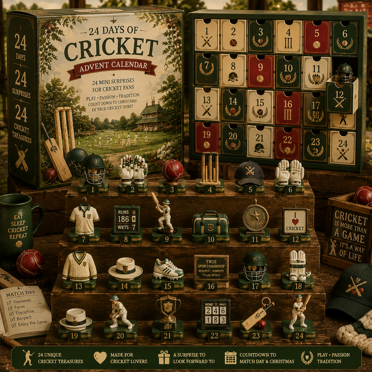 CHRISTMAS KICKOFF 49% OFF - 2026 Days of Cricket Blind Box - 24-Day Festive Countdown, Cricket Themed Collectible Miniatures Blind Box - Gift For Cricket Lovers
