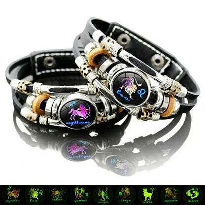 Glow-in-the-Dark 12 Leather Zodiac Bracelet for Men and Women(6.9/8.1in)