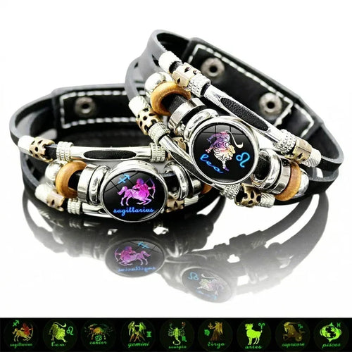 Glow-in-the-Dark 12 Leather Zodiac Bracelet for Men and Women(6.9/8.1in)