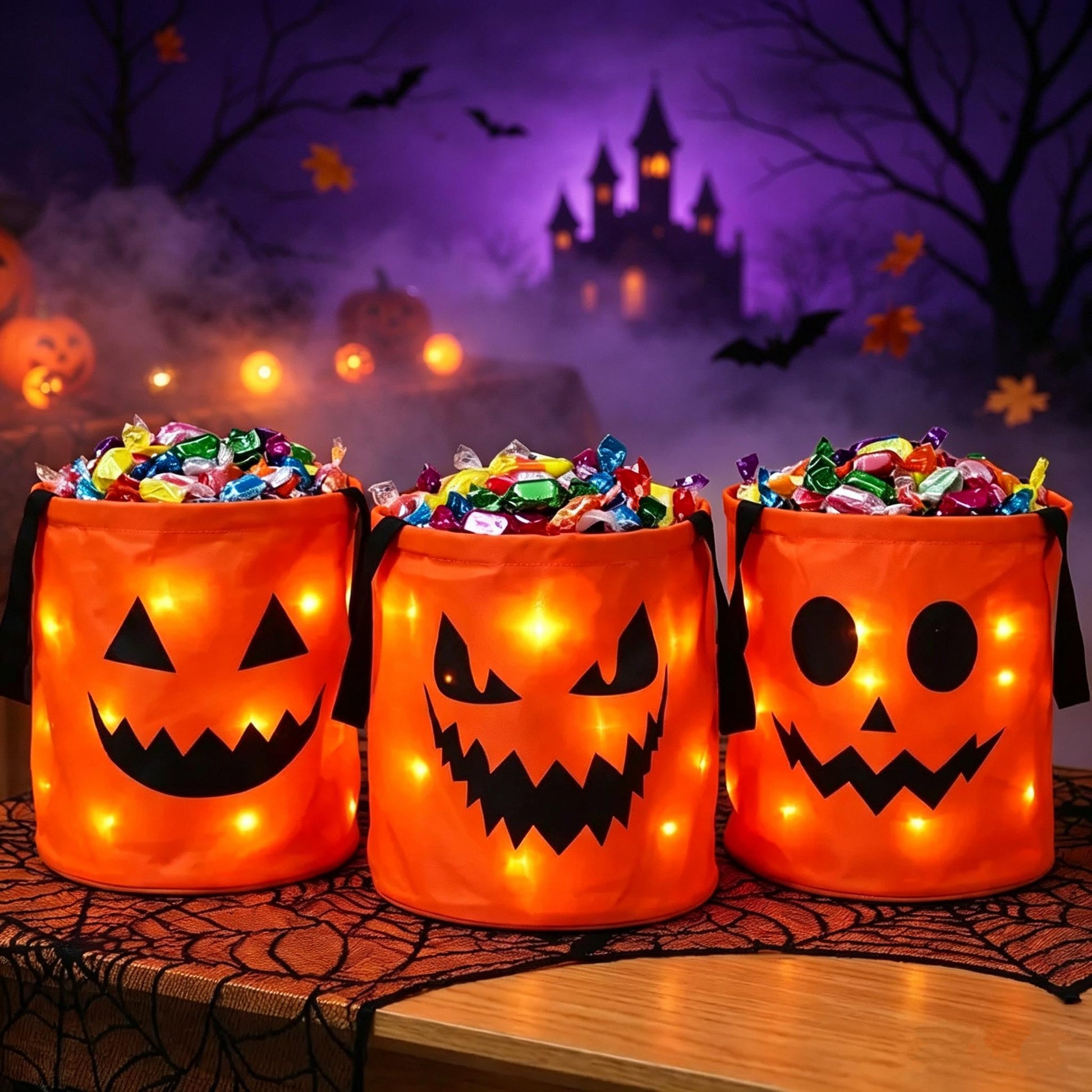 LED Light Up Halloween Pumpkin Candy Bucket 3/4 Pack, Non-Woven Reusable Trick or Treat Tote Bags for Kids & Adults, Halloween Party Supplies