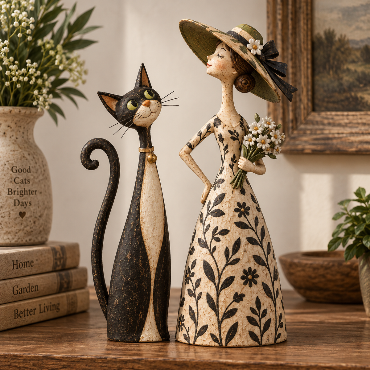 Whimsical Lady & Cat Figurine Set – Vintage-Inspired Home Decor for Cat Lovers