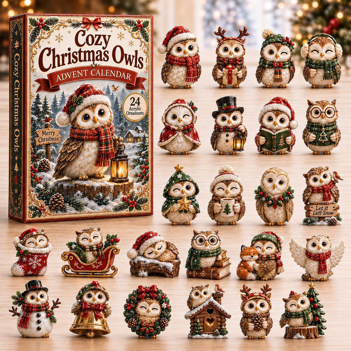 2026 A Little Hoot of Christmas – Cozy Christmas Owls Advent Calendar, 24 Festive Acrylic Ornaments Blind Box