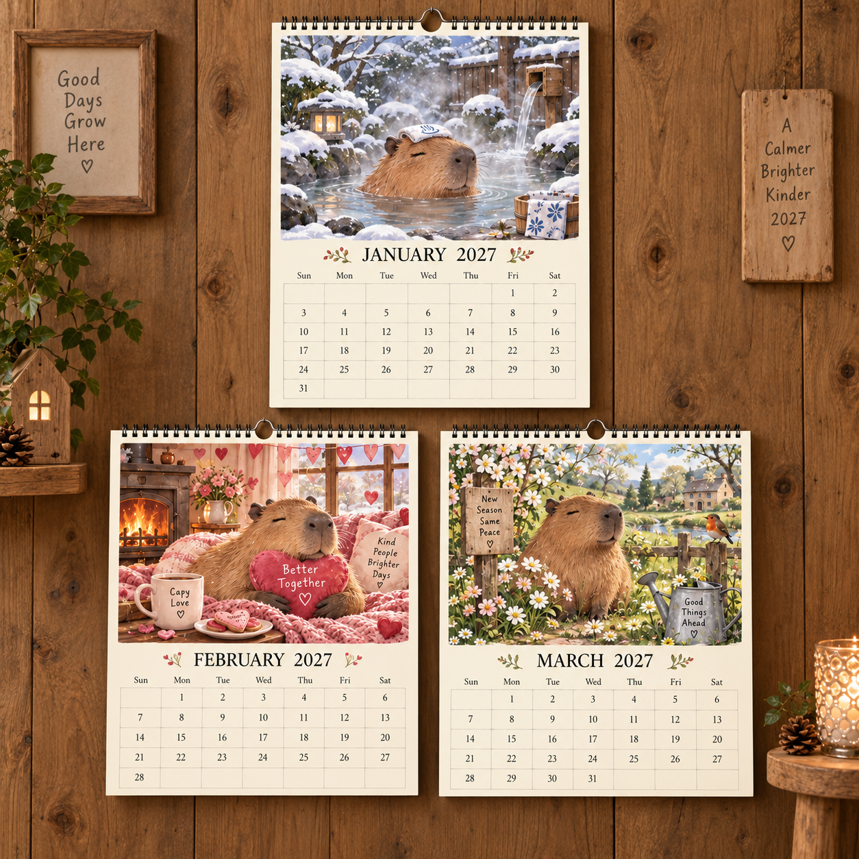 Capybara 2027 Wall Calendar – 12‑Month Cosy Art Calendar with Relaxed Capybaras, Seasonal Nature, Cottage‑Core & Slow‑Living Vibes
