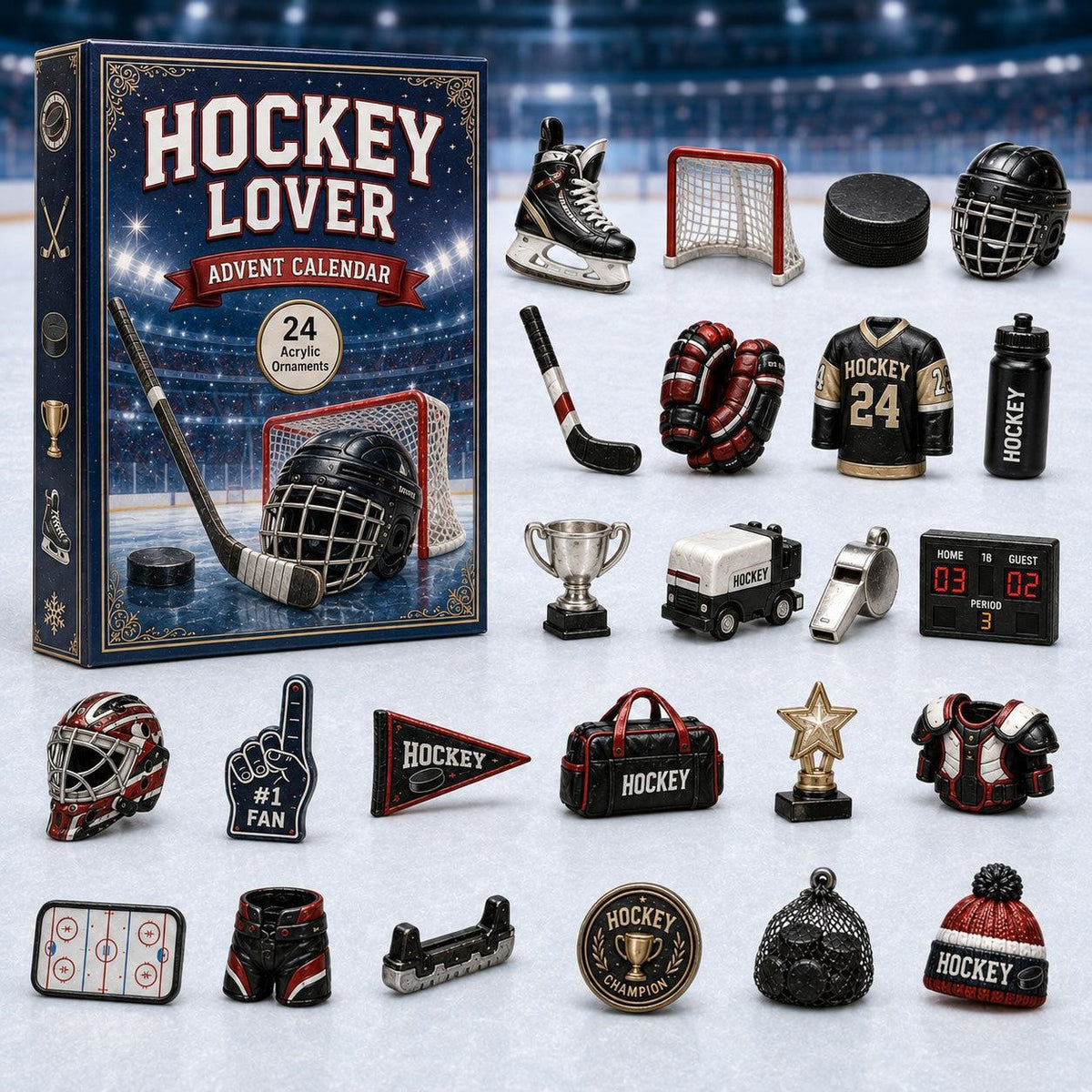2026 Pucks & Presents – Hockey Lover Advent Calendar, 24 Ice Hockey-Themed Acrylic Ornaments